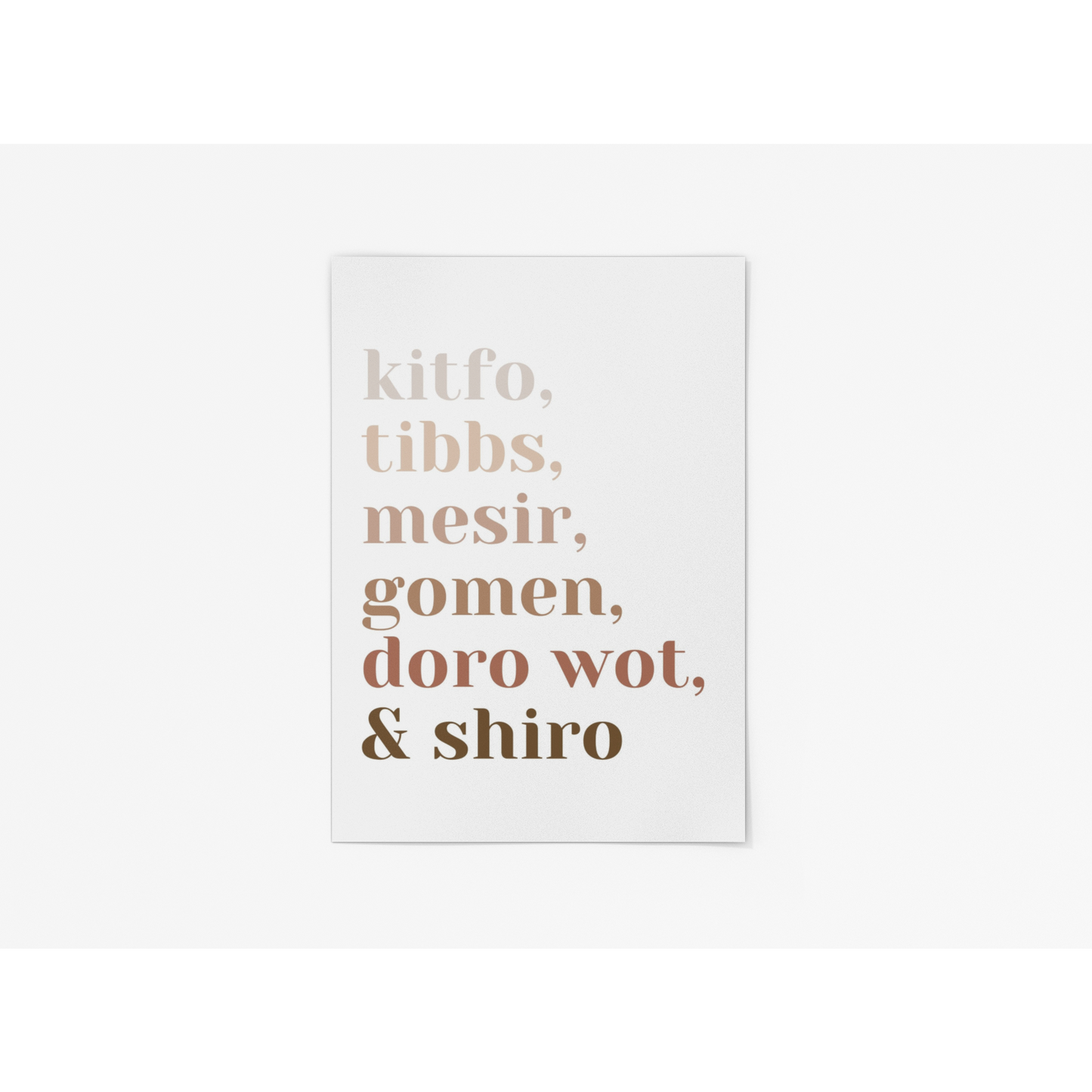 Kitfo, Tibbs, Mesir, Gomen, Doro Wot, & Shiro Colorful (12x16) Print